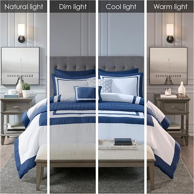 Madison Park Heritage Comforter Quilt Combo Set - Modern Luxury Design, All Season Down Alternative Bedding, Matching Shams, Decorative Pillows, Full/Queen(90"x90"), Color Block Navy 8 Piece