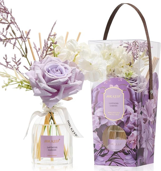 Airkeep Flower Reed Diffuser Set, Lavender Garden Diffuser Gift Set,4.06 fl oz Essential Oil Sticks Diffusers for Bathroom Air Freshener, Aromatherapy Home Fragrance for Shelf Decor, Gift for Women
