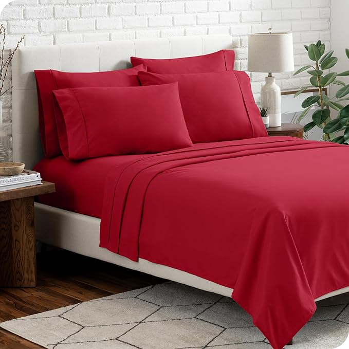 Bare Home Hotel Luxury Cal King Sheet Set, Extra Soft, 6 Piece Set, Deep Pockets, Easy Fit, Cooling & Breathable, Wrinkle, Fade, Stain Resistant, Includes 4 Pillowcases (California King, Red)