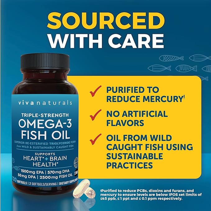 Viva Naturals Omega 3 Fish Oil Supplement for Women and Men - 2500 mg Triple Strength Fish Oil per Serving with Omega 3 Fatty Acids Including EPA, DHA DPA - 120 Pescatarian-Friendly Softgels