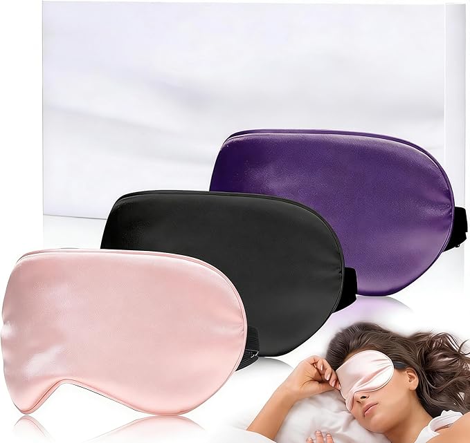 Eye Mask for Sleeping,3 Pack Silk Sleep Masks for Women Men-Blindfold for Travel on Airplane,100% Pure Silk Eye Mask for Sleep with Adjustable Strip（Black-Pink-Purple）