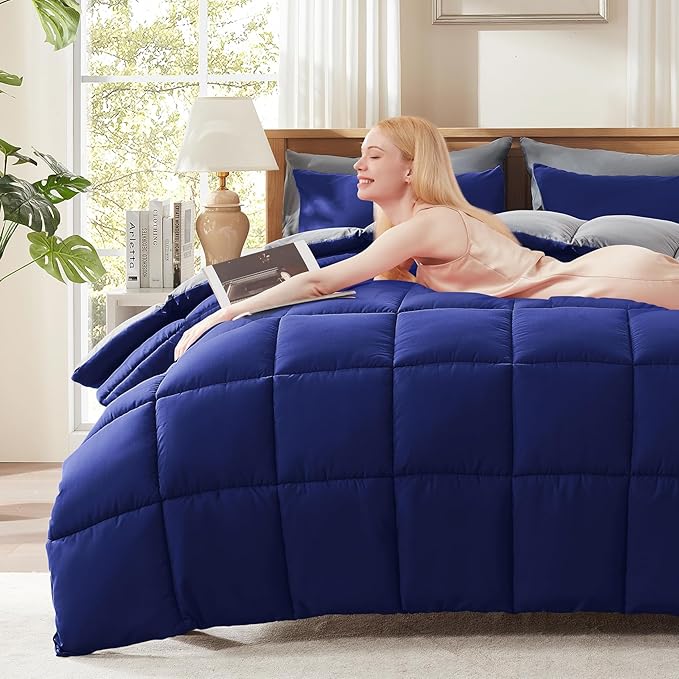 Decroom Lightweight Full Comforter Set with 2 Pillow Sham - 3 Pieces Set - Quilted Down Alternative Comforter/Duvet Insert for All Season - Blue/Grey - Full Size