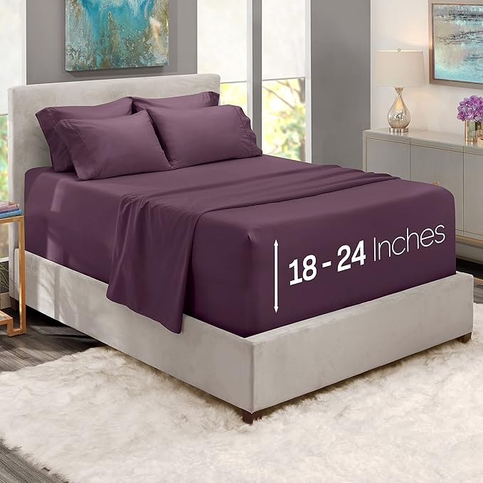 Hearth & Harbor Extra Deep Pocket Sheets - Fits Mattress 18-24 Inches Deep - Extra Deep Pocket Full Size Sets - 6 Piece Full Size - Full - Eggplant