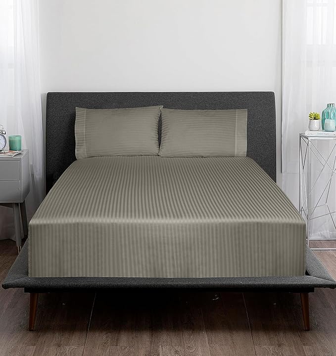 ROYALE LINENS 300 Thread Count 100% Long Staple Combed Cotton Striped Sheet Set - 3 Piece Twin Bed Sheets - 1 Fitted, 1 Flat & Pillow case -Soft Cool & Crisp Sheet Set (Twin, Stripe Silver)