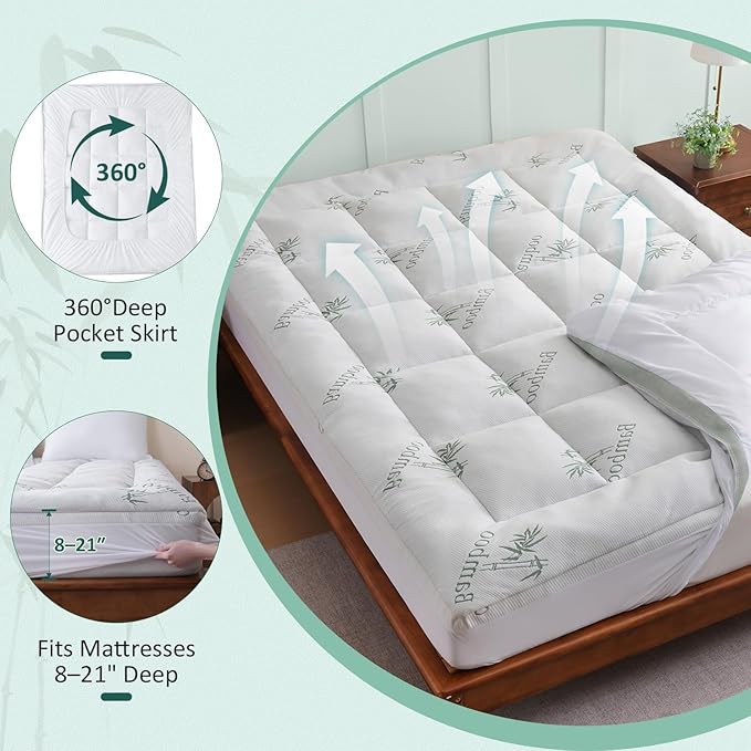DOWNCOOL Memory Foam Mattress Topper Queen, Cooling Pillow Top Mattress Pad with Viscose Derived from Bamboo, Back Pain Relief, Deep Pocket Fits 8–21 Inch