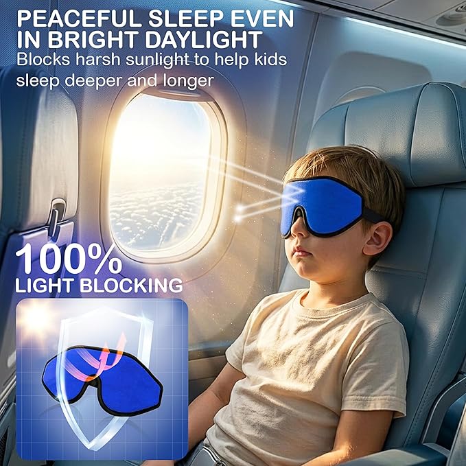 3D Sleep Mask for Kids, Light Block Sleeping Blindfold Memory Foam Contoured Eye Mask for Sleep, Adjustable Strap Eye Cover and Travel Sleep Mask for Boys Girls, Dark Blue