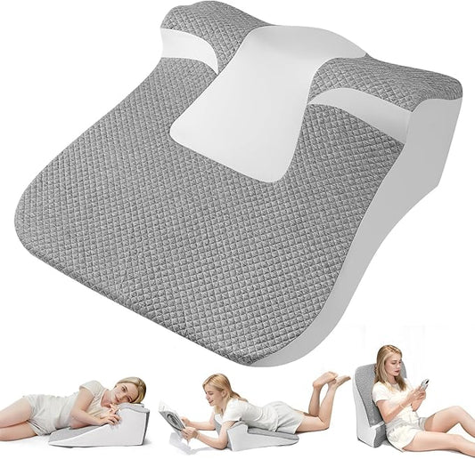 Bed Snorinator Pillow, Ergonomic Wedge Pillow for Sleep Apnea Memory Foam Reading Pillow for Back, Neck & Head Comfortable Support-Grey