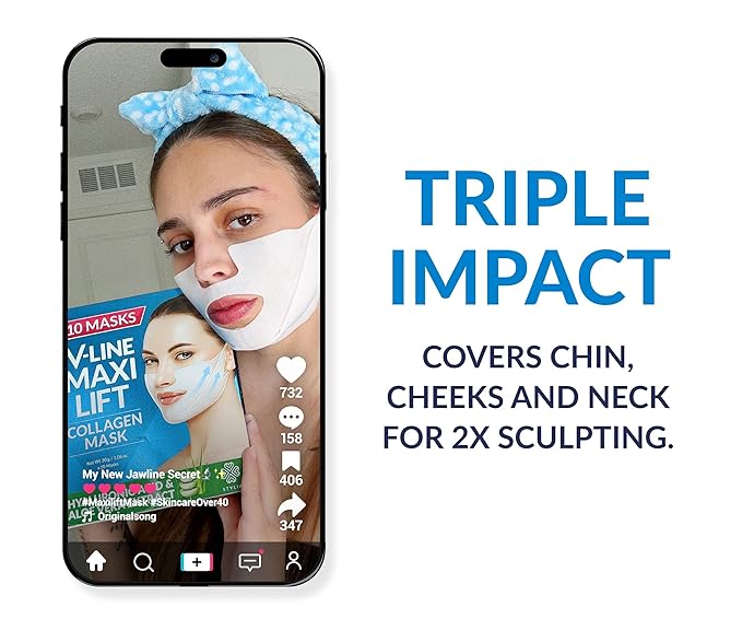 Stylia MaxiLift V-Line Lifting Collagen Face Mask - Double Chin Strap - Jawline Shaper - Neck Firming and Tightening Mask with Hyaluronic Acid & Aloe Vera - Chin Strap for Sleeping (5PC)
