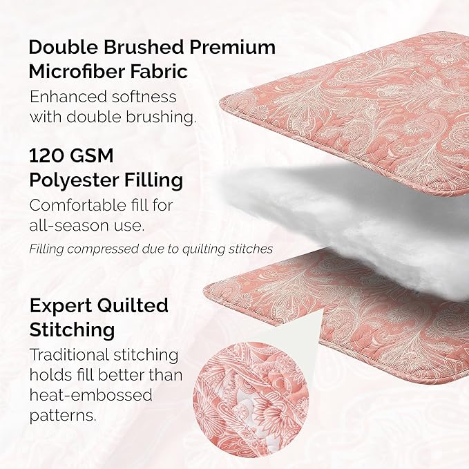 Southshore Fine Living, Inc. Twin XL Quilt Bedding Set, Boho Coverlet, Reversible Quilt, All Season 2-Piece Set with One Matching Quilted Pillow Sham, All Season Twin/XL Bedspreads for Adult, Coral