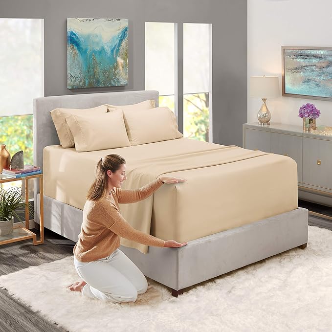Hearth & Harbor Extra Deep Pocket Sheets - Fits Mattress 18-24 Inches Deep - Extra Deep Pocket Twin Sheets Sets - 4 Piece Twin Size - Cream