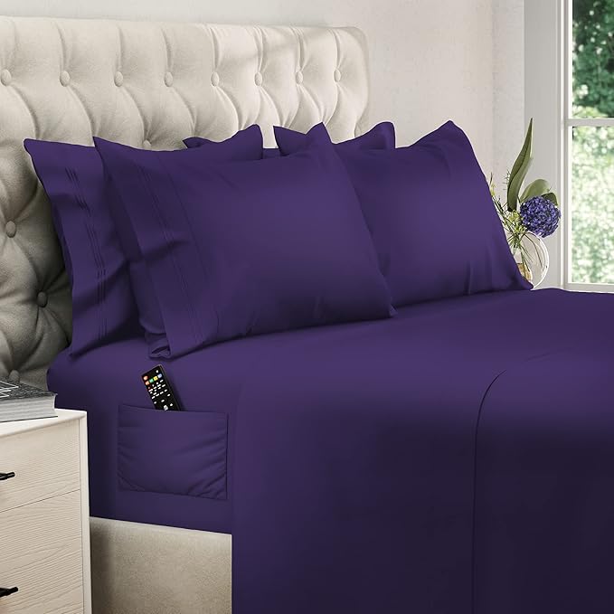 DREAMCARE California King Sheet Sets - 6 pcs Breathable Cooling Bed Sheets - up to 15" Deep California King Sheets with Side Pockets -Extra Soft 100% Brushed Hypoallergenic Hotel Luxury Bedding Purple