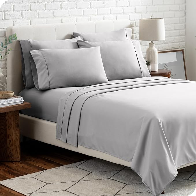 Bare Home Hotel Luxury Sheet Set, Extra Soft - 7 Piece Set - Deep Pockets - Easy Fit - Cooling & Breathable - Wrinkle, Fade, Stain Resistant - Includes 4 Pillowcases (Split Cal King, Light Grey)
