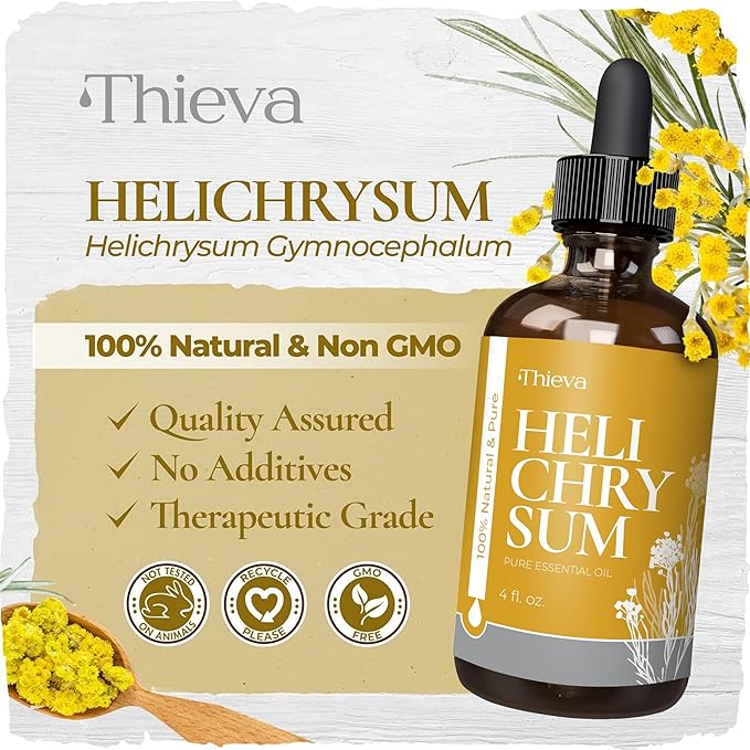 THIEVA Helichrysum Essential Oil 4 oz (118 ml) – 100% Pure and Natural Non-GMO Helichrysum (Gymnocephalum) Oil for Aromatherapy, Focus, and Relaxation
