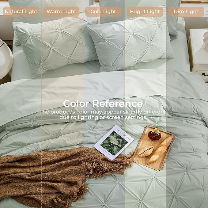 Sasttie Queen Comforter Set, 7-Piece Bed in a Bag, Pintuck Bedding Set for All Season, Includes Comforter, Flat Sheet, Fitted Sheet, Pillowcases and Pillowshams, Dusty Green