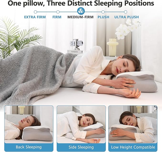 Cervical Pillow for Neck Pain Relief, 5.5"/4.3" Dual Loft Queen Size Memory Foam Pillow for Side, Back Sleepers with Broad Shoulders, Orthopedic Contour with Cooling Cover, Medium Firm, White