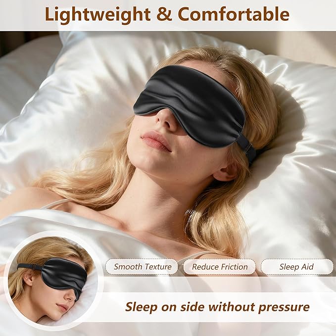 Sleep Mask Silk Eye Mask for Men Sleeping Mask, Adjustable Elastic Strap for Night Shading Sleep Mask, Soft and Comfortable for Both Men and Women (Black, 2 Packs)