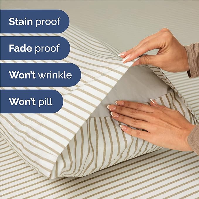 King 6 Piece Sheet Set - Comfy, Breathable & Cooling - Soft Hotel Luxury Bedding for Women, Men, Kids, Teens and Children - 1 Flat & 1 Fitted Sheet & 4 Pillowcases with Deep Pockets - Beige Stripes 2