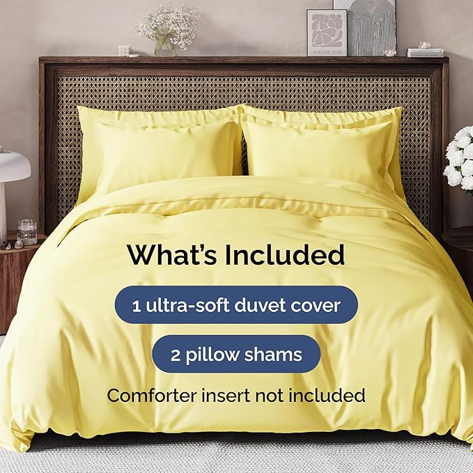 Duvet Cover Queen Size Set - Extra Soft Queen Duvet Cover 90" x 90" with 2 Pillow Shams - Hotel Luxury, Easy Care & Fade Free w/ Zipper Closures & Ties - All Season, Comfy, Cozy & Breathable (Yellow)