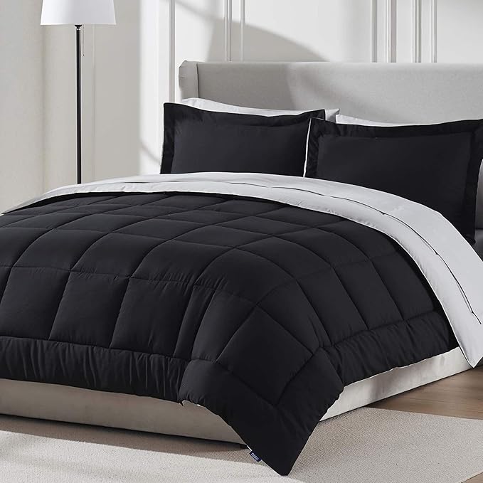 Nestl 9 Piece King Comforter Set – Black Reversible Bed in a Bag – Complete King Size Bedding Set with Sheets, Set of 2 Down Alternative Pillows, Pillowcases and Shams