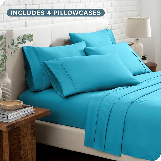 Bare Home Hotel Luxury King Sheet Set, Extra Soft - 6 Piece Set - Deep Pockets - Easy Fit - Cooling & Breathable - Wrinkle, Fade, Stain Resistant - Includes 4 Pillowcases (King, Aqua)