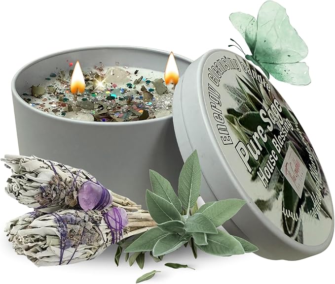 White Sage Candle | Energy Cleansing | Cleansing House Negative Energy Smudge Kit | Soy Wax Natural Clean Organic Non Toxic - Aromatherapy Spiritual Meditation Gifts | Long Lasting (Large 14oz)