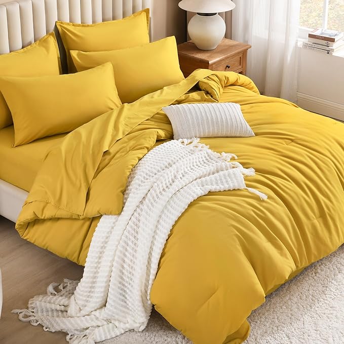 Litanika Comforter California King Size Set Mustard Yellow - 7 Pieces Bed in a Bag California King Bedding Comforter Sets, Plain Lightweight Bed Set with Comforter, Sheets, Pillowcases & Shams