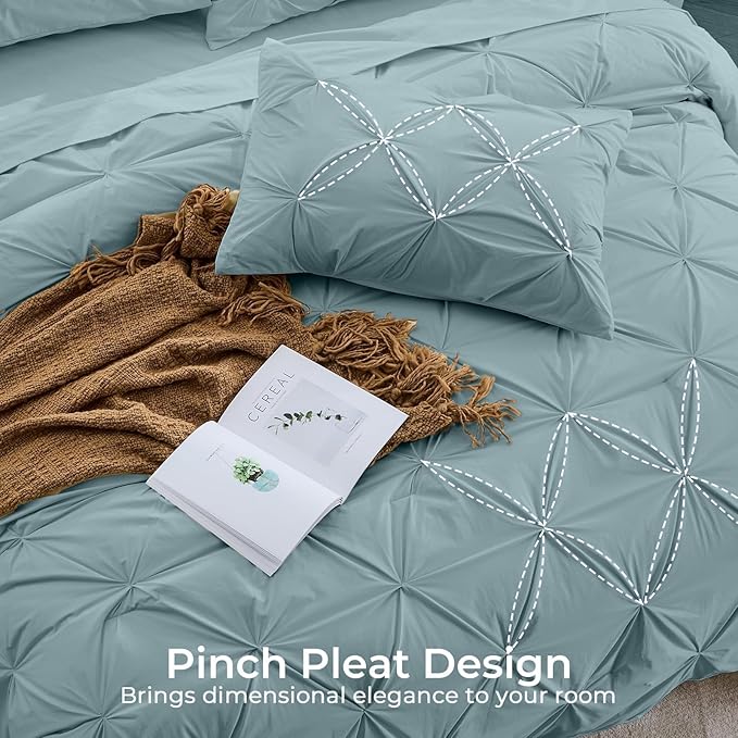 Sasttie King Size Comforter Set, 7-Piece Bed in a Bag, Pintuck Bedding Sets for All Season, Includes Comforter, Flat Sheet, Fitted Sheet, Pillowcases and Pillowshams, Greylish Blue