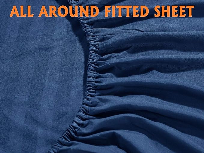 Elegant Comfort Softest and Coziest 4-Piece Sheet Set - 1500 Premium Hotel Quality Microfiber - Luxurious Wrinkle Resistant 4-Piece Damask Stripe Bed Sheet Set, Twin XL, Navy Blue