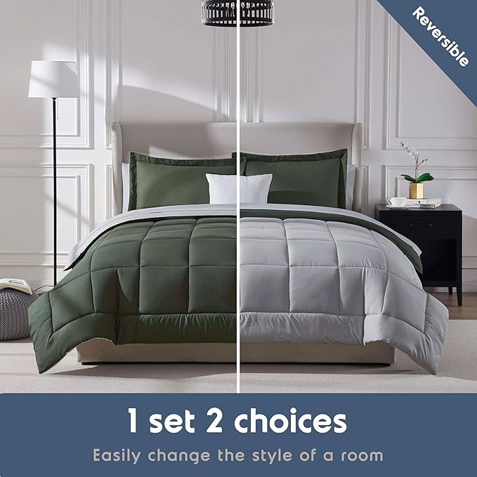 Nestl 9 Piece California King Comforter Set – Olive Green Reversible Bed in a Bag – Complete Cal King Size Bedding Set with Sheets, Set of 2 Cooling Pillows, Pillowcases and Shams