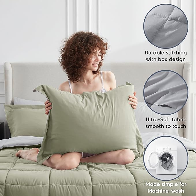Nestl 9 Piece King Comforter Set – Light Sage Reversible Bed in a Bag – Complete King Size Bedding Set with Sheets, Set of 2 Down Alternative Pillows, Pillowcases and Shams