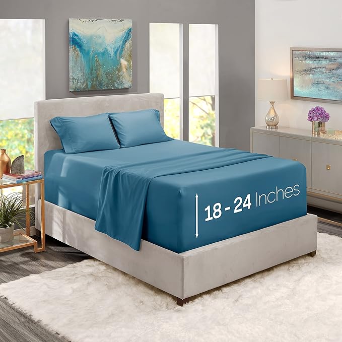 Nestl California King Size Sheet Set, 4 Piece Extra Deep Pocket (18-24 inches), Microfiber, Hotel Luxury, Soft, Breathable, Wrinkle-Free, Easy to Care, Blue Heaven