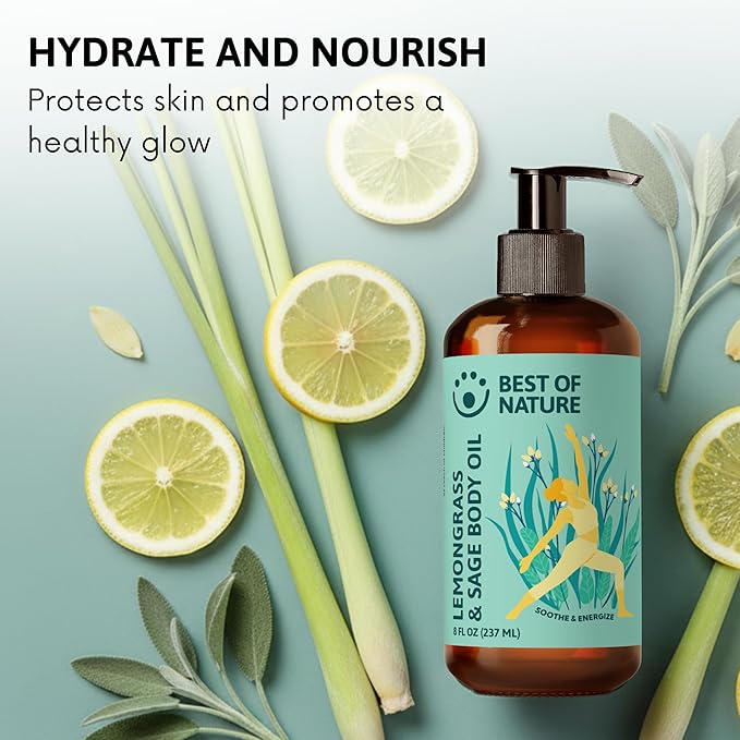 Best of Nature Lemongrass & Sage Aromatherapy Massage Oil – Non-Greasy Body Oil for Skin, Face & Massage – Uplifting Essential Oil Blend – 8 fl oz