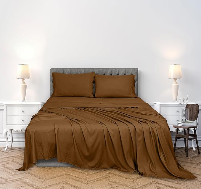 ROYALE LINENS 300 Thread Count 100% Long Staple Combed Cotton Sheet Set - 4 Piece Queen Bed Sheets - 1 Fitted, 1 Flat & 2 Pillow Cases - Soft Cool & Crisp Sheet Set (Queen, Chocolate)