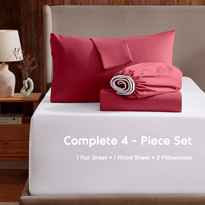Nestl Extra Deep Twin XL Sheet Set - 4 Piece Breathable & Cooling Sheets - Hotel Luxury Bedding Set w/18-24 Inch Deep Pockets - Easy & Secure Fit - Super Soft, Wrinkle Free & Comfy - Burgundy Red