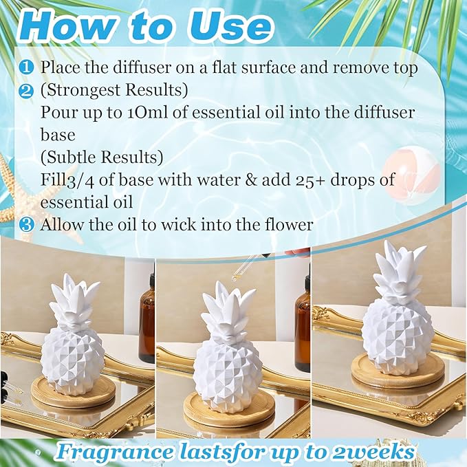 Honeydak Pineapple Passive Essential Oil Diffuser Gifts, Summer Beach Ceramic Diffuser with Wooden Tray for Home Bedroom Bathroom Office Holiday Decorations