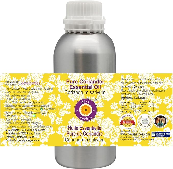Deve Herbes Pure Coriander Essential Oil (Coriandrum sativum) Steam Distilled 300ml (10 oz)
