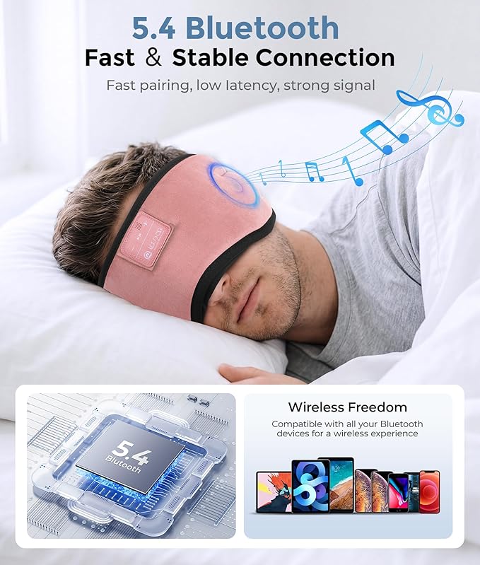 LOVE EYE Sleep Headphones Bluetooth 5.4 Sleeping Eye Mask Wireless Music Earphones with HD Speakers for Side Sleepers Total Blackout Cotton Mask for Travel, Office, Unique Gifts (Pink)