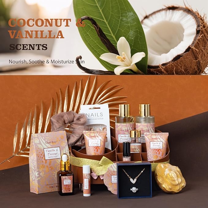 Mothers Day Gifts for Women, Skin care set Gifts, 16 Pcs Spa Gifts for Woman Coconut Vanilla Scents Skin Care Kit, Facial Kit with Face Day Cream, Night Cream, Skincare Set in Makeup Storage Box
