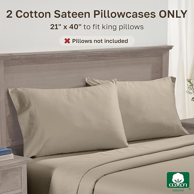 Luxuriously Soft Premium 600 Thread Count, 100% Cotton Set of 2 Cases, Crisp King Size Pillow Cases 2Pc, Fits King Pillows (Cool Taupe)