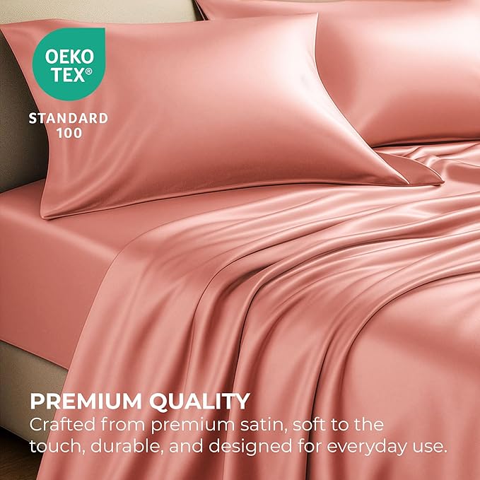 Satin Sheets California King [4-Piece, Blush Pink] Hotel Luxury Silky Bed Sheets - Extra Soft Microfiber Sheet Set, Wrinkle, Fade, Stain Resistant - Deep Pocket Fitted Sheet, Flat Sheet, Pillow Cases