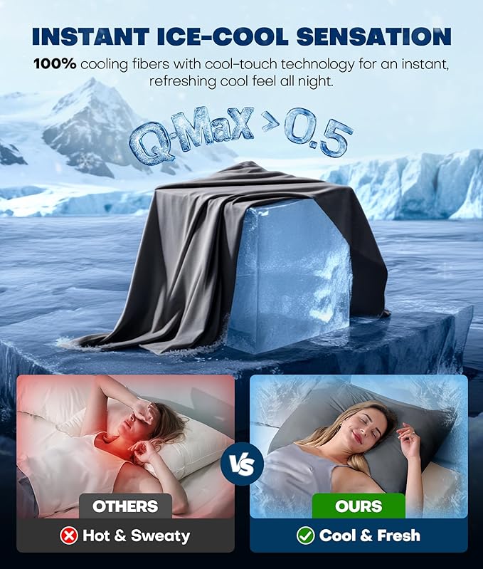 Ultra-Chill Cooling Pillowcase Set of 2 for Hot Sleepers, Softer Than Silk Pillow Cases for Protecting Hair & Skin, Breathable Bed Pillow Covers w/Zipper, Gifts for Women Men(Dark Gray, Standard)