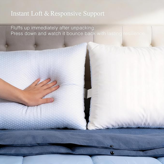 Blue Ridge Home Fashions Luxury Hotel Quality Cooling Pillows King Size Set of 2, Soft Medium 500 Thread Count Damask Stripe Embroidered 100% Cotton Cover, Down Alternative