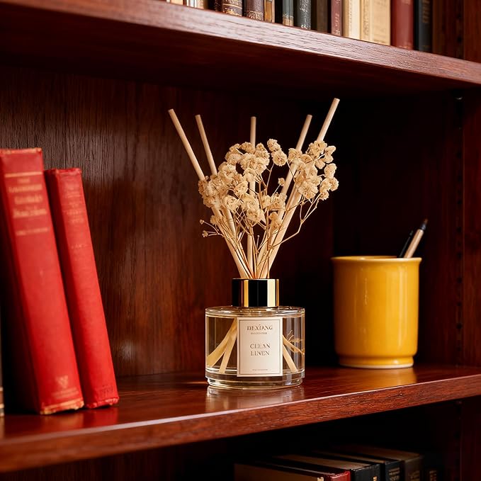 Reed Diffuser Set - 3.38 fl Oz Clean Linen Scent Aromatherapy Oil with Preserved Baby's Breath & Cotton Sticks | Home Fragrance for Bedroom, Bathroom, Living Room | Gift Ready Decor