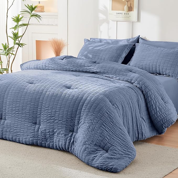 HYMOKEGE Nordic Blue Full Size Comforter Sets Seersucker 7 Pieces, All Season Luxury Bed in a Bag for Bedroom, Bedding Set with Comforter, Sheets, Pillowcases & Shams