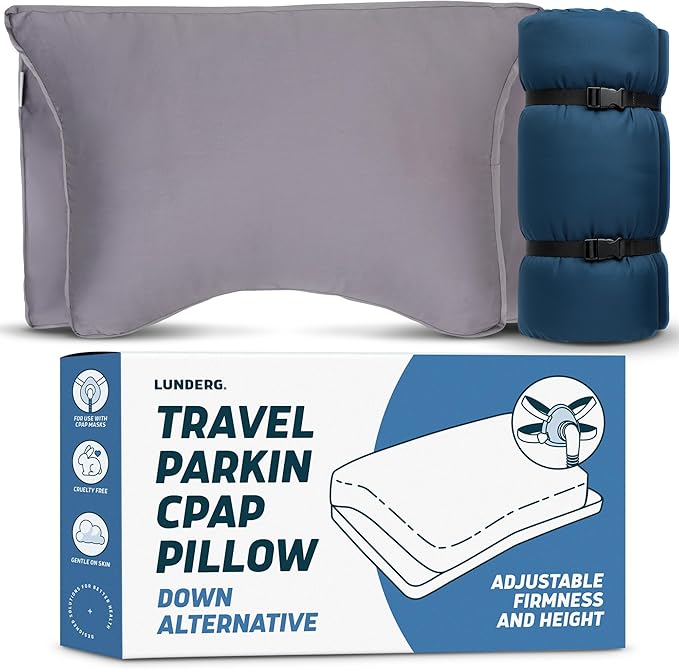 Lunderg Travel-Size Parkin CPAP Pillow for Side & Back Sleepers - Down Alternative with Adjustable Filling, 100% Cotton Case & Travel Bag Included - Reduce Mask Leaks & Pressure - Works with All Masks