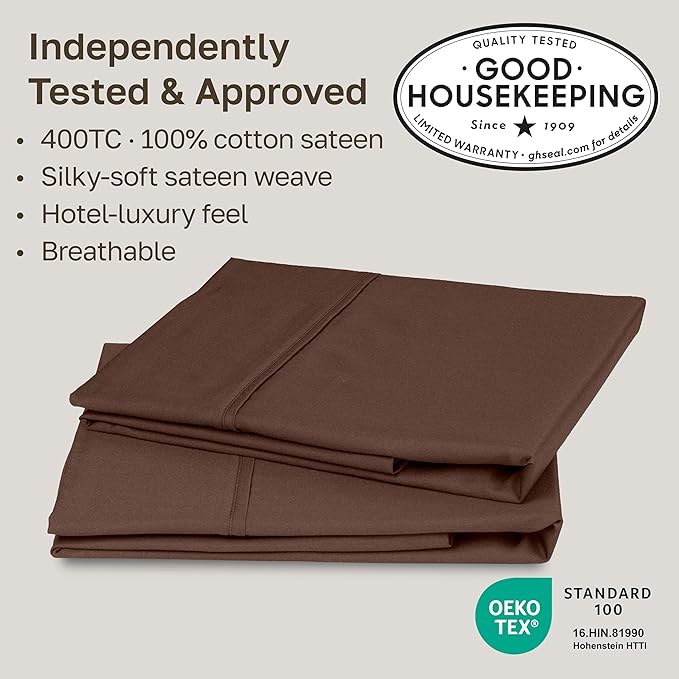 California Design Den Cotton King Pillowcase Set - 400 Thread Count, 100% Cotton Sateen Pillowcases, Set of 2 Pillow Covers, Soft and Breathable - Espresso Chocolate Brown