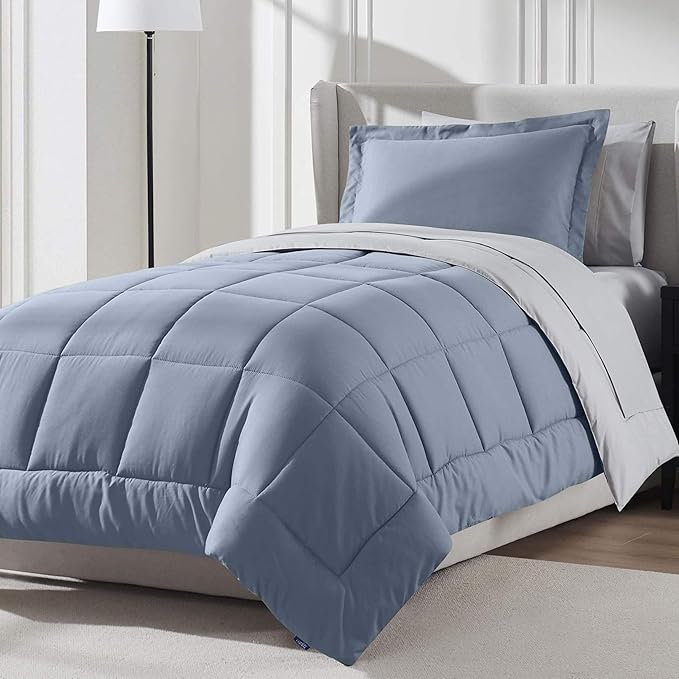Nestl 7 Piece Twin Comforter Set – Stone Blue Reversible Bed in a Bag – Complete Twin Size Bedding Set with Sheets, Set of 2 Down Alternative Pillows, Pillowcase and Sham