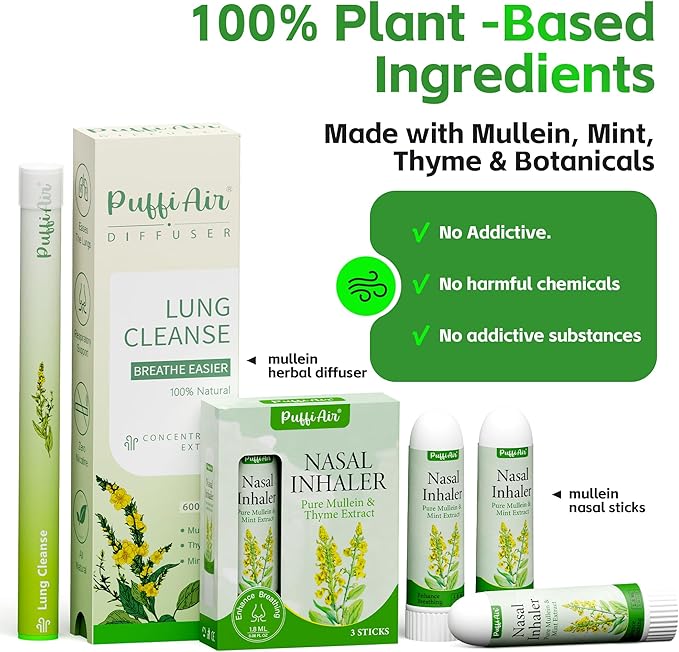 Mullein Respiratory Wellness Bundle: Herbal Lung Cleanse Diffuser (600 Uses) + 3-Pcs Nasal Sticks – Craving Relief, Focus Boost & Easy Breathing