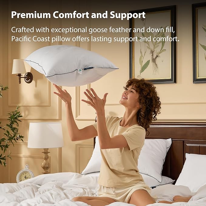 Pacific Coast Premium Goose Feather & Down Bed Pillows Standard Size 2-Pack, Hotel Quality Collection, Medium Support for Side & Back Sleepers