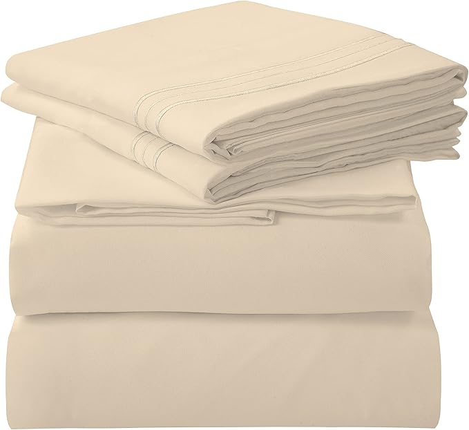 ROYALE LINENS 4 Piece Cal King Sheets Set - Soft Brushed 1800 Microfiber Bedding - 1 Fitted, 1 Flat Sheet, 2 Pillow Cases - Wrinkle Free & Fade Resistant - Hotel Luxury Bed Sheets (Sand, Cal King)